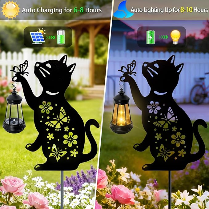 Cat Outdoor Solar Lantern Waterproof, Birthday Gifts for Christmas Women Mom, Solar Hanging Lights with Butterfly, Black Cat Metal Figurine Garden Decor Patio Yard Pathway Backyard Ornaments, 2 Pack