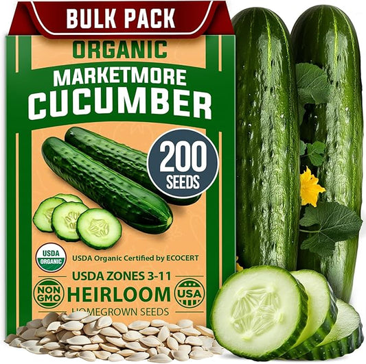 HOME GROWN Organic Cucumber Seeds - 200 Marketmore Heirloom Non GMO Vegetable Seeds for Planting in Trellises, Raised Beds, Containers (Cucumis sativus)