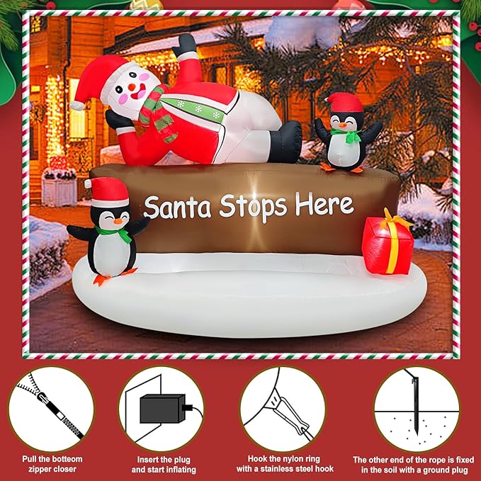 Christmas Inflatable Snowman with Penguins Decotation Blow Up 6FT Snow Man “Santa Stops Here” Sign Holiday Yard Decoration Gift Box, Perfect for Outdoor Lawn, Garden, or Front Porch Oranments Display