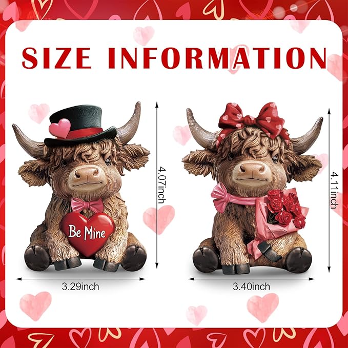 Karenhi 2 Pcs Valentine's Day Highland Cow Figurines Love Heart Rose Highland Cow Gnomes Scottish Resin Statue Calf Lovers Romantic Gifts for Valentines Home Kitchen Office Tiered Tray Table Decor
