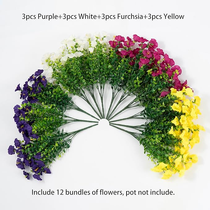 Artificial Flowers for Outdoor Indoor Garden Home Decoration, Faux Flower Daisy with Eucalyptus Leaves Fake Plants Greenery Boxwood Porch Patio, 12 Bundles