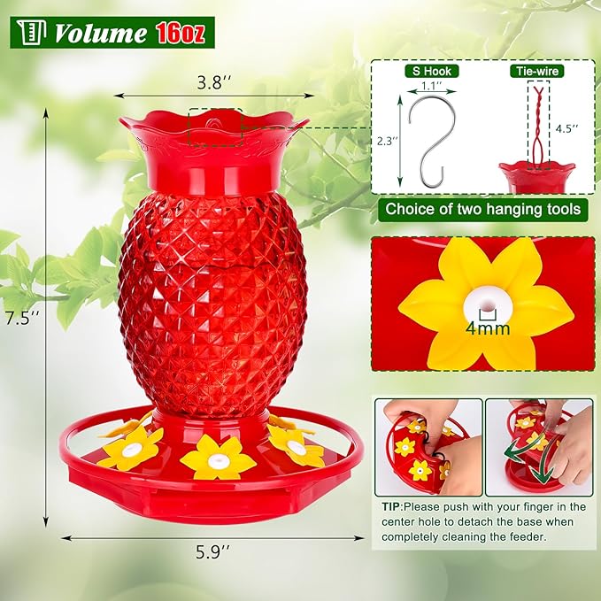 Glass Hummingbird Feeders for Outdoors Hanging Ant and Bee Proof Red 16OZ 1 Pack Pineapple Hummingbird Feeder with Leak Proof for Outside & 6 Feeding Ports Gifts for Women Garden Decor