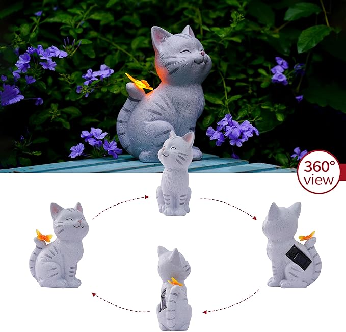 Solar Garden Cat Statue with LED Butterfly Light, Decorative Resin Outdoor Figurine 7.7in, Yard Lawn Ornaments Porch Patio Balcony Home House - Birthday Gifts for Grandma Mom Women