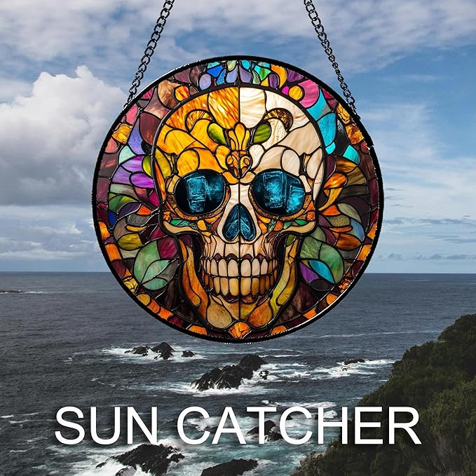 Stained Glass Window Hanging Halloween Retro European Colorful Skull Large 15" - Suncatcher Door Garden Sun Catcher Gothic Decor Birthday Horror Funny Gift for Mom Woman Nana Friend Men