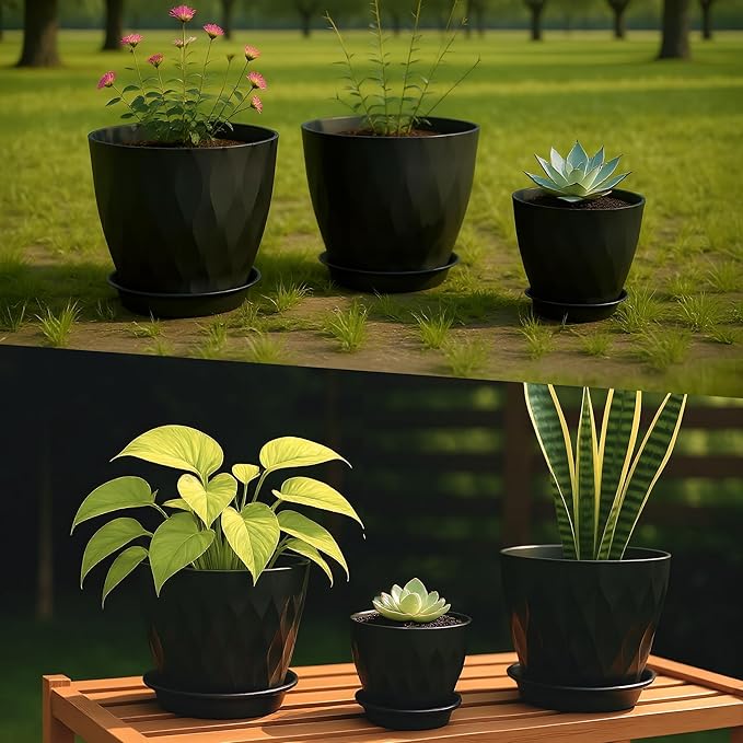 8/7/6/5/4 Inch Plant Pots with Drainage Holes, Setof 5 Plastic Planters for Indoor Outdoor Plants,Indoor Flower Pots, Nursery Planting Pot for Garden OfficeHome Decor(Black, 8/7/6/5/4)