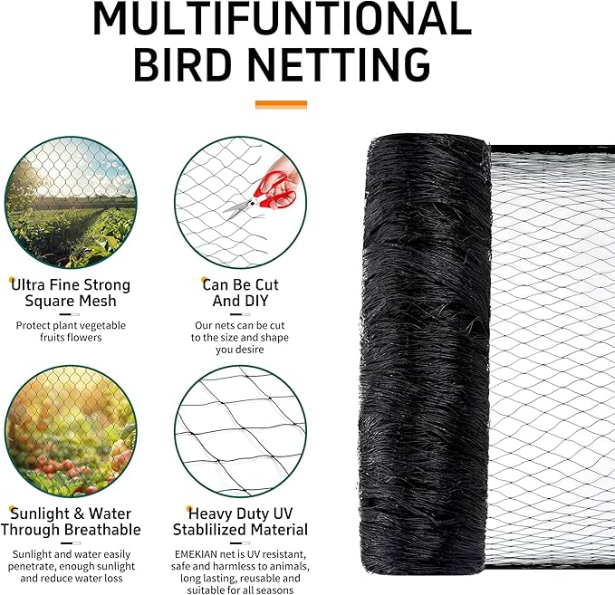 Black Garden Bird Netting, 1.6" Mesh Net Garden Poultry Netting, Heavy Duty Reusable Garden Fence Net Protect Vegetable Plants Fruit Tree Chicken Coop from Birds and Other Animals, 25' x 50'