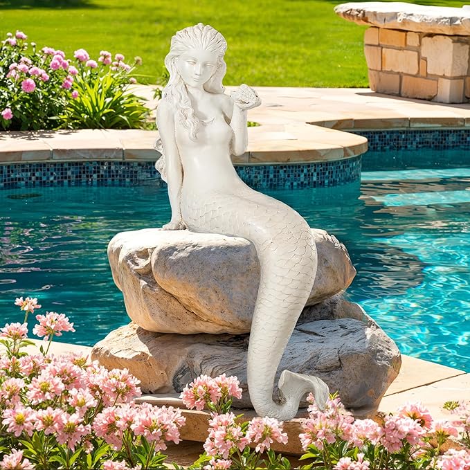 Mermaid Garden Statue, 25.6 Inch Large Outdoor Sculpture Figurines, Pretty Lawn & Patio Decor in Antique White, Made of Durable Magnesium Oxide Stone with Weather-Resistant Finish