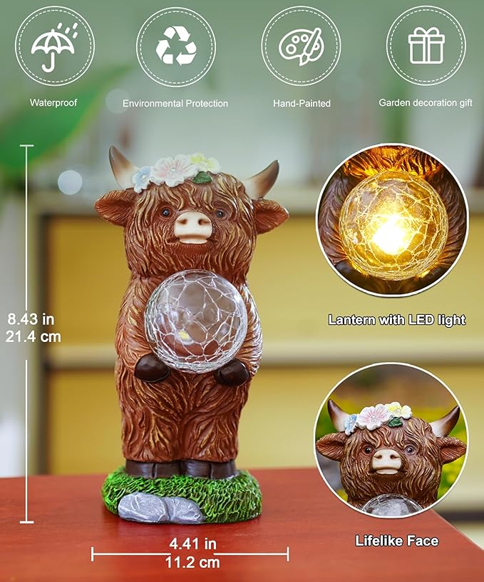 Solar Highland Cow Outdoor Decor:Garden Statue Sculpture Lamp with Ball for Yard Lawn Balcony Patio Porch- Birthday Gifts for Mom Women Grandma(Brown)