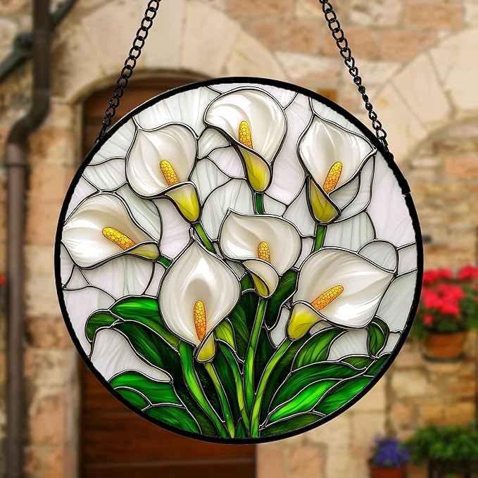 Stained Glass Window Hanging, White Calla Lily Suncatcher Diamond Glass Panel Hangings Flowers Sun Catchers Decor for Birthday for Women, Men, Wife, Aunt, and Mom 9.8 in