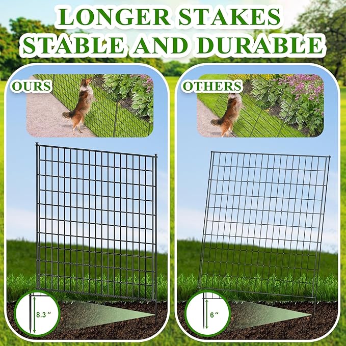 10 Panels Garden Fencing Animal Barrier, 33 in(H) X 24 ft(L) Rabbit Fence for Outdoor Yard No Dig Decorative Tall Garden Fence Metal Wire Rustproof Panel Border Patio Dog Ground Stakes Fencing