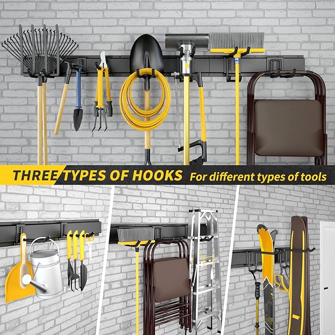48" Garage Tool Organizer Wall Mount, 440lbs Garden Garage Storage Garage Organization with Adjustable Heavy Duty Hanging Hooks, Yard Rack Hanger System Shovel Rake Broom Ladder Holder, Men Gift