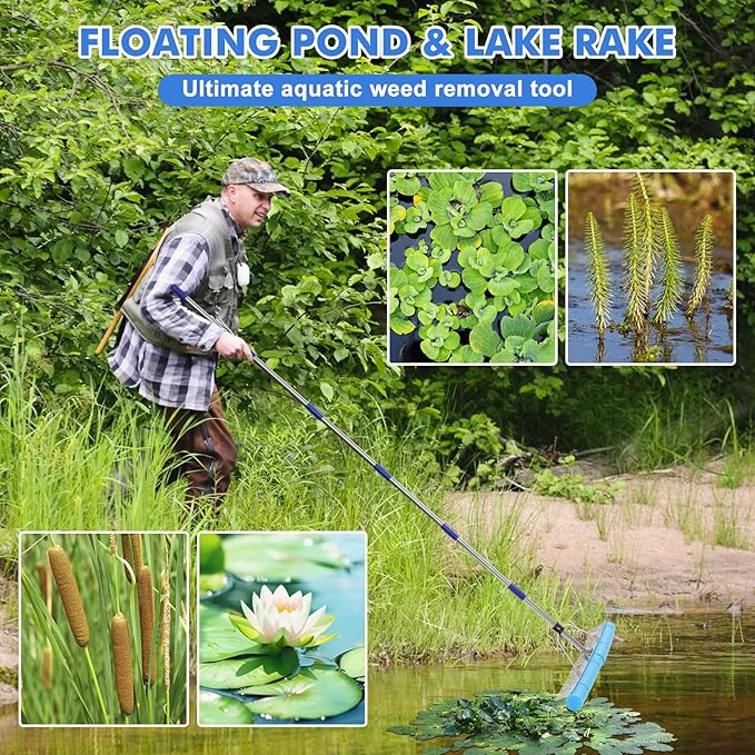 Landscape Rake, 60 Inch Adjustable Lightweight Pond Rake 36" Width Aluminum for Removing Weeds, Leaves, Beautifying Coastlines and Beaches