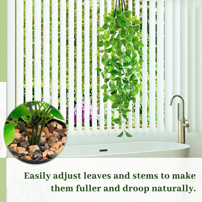Artificial Hanging Plants Small Fake Pothos 39-in Long Potted Vine Plant Faux Trailing Ivy Vine for Shelf Home Office Indoor Outdoor Garden Greenery Decor (Black Pot)