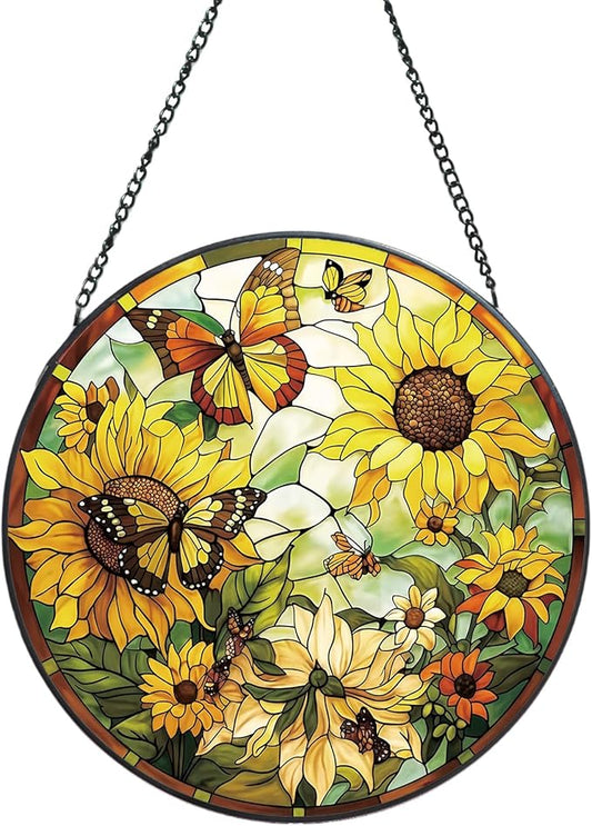 Suncatcher Stained Glass Window Hanging - Sunflower Glass Panel with Metal Chain and Hooks Handmade Sun Catcher Decoration for Window Garden Home Christmas & Birthday Gifts (8 Inch)