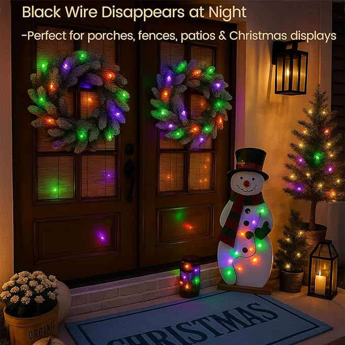Fall Decorations String Lights– 100 Count Mini Purple Orange & Green Incandescent, 26.5ft Black Wire, UL Listed, Connectable up to 125ft, Christmas Lights for Indoor & Outdoor Home Decor