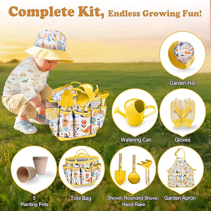 Kids Gardening Tool Set 18PCS Kids Toddler Gardening Set Includes Tote Bag Watering Can Apron Hat Rake Shovel Spoon Gloves Plant Pots and Labels, Outdoor Toys Gift for Boys Girls (Yellow)