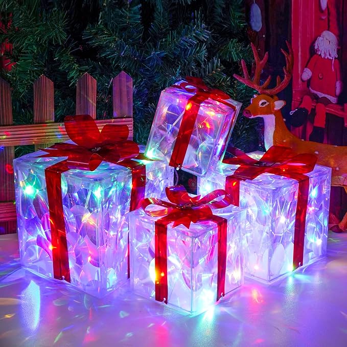 Christmas Lighted Gift Boxes, Pre-lit Lights Gift Boxes Set of 4, Light up Present Boxes Set Battery Operated with Different Sizes for Holiday Indoor Outdoor Decorations (Multi-Colored)