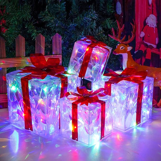 Christmas Lighted Gift Boxes, Pre-lit Lights Gift Boxes Set of 4, Light up Present Boxes Set Battery Operated with Different Sizes for Holiday Indoor Outdoor Decorations (Multi-Colored)