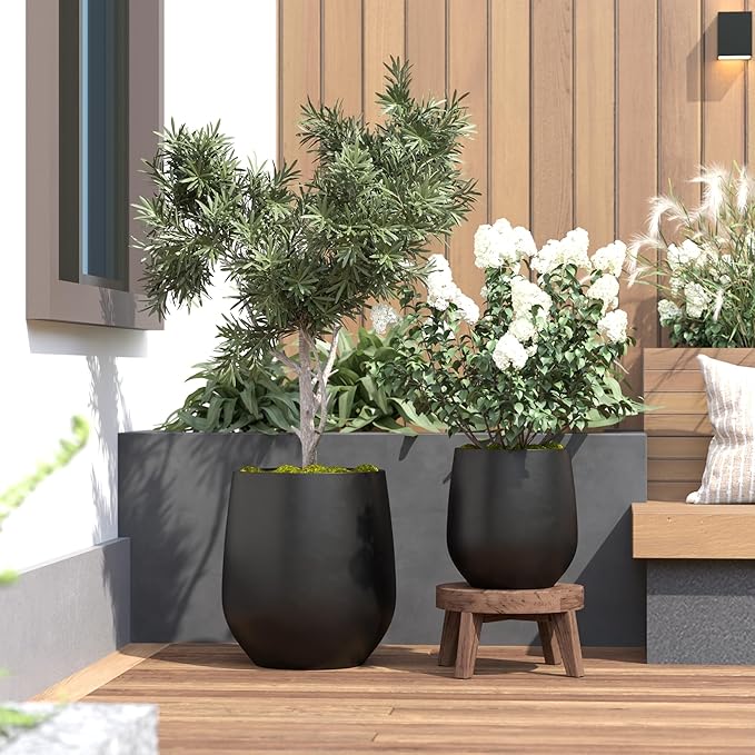 DTY Signature Mount Wilson Lightweight and Durable Modern Fiberstone Tapered Planter for Indoor Outdoor Drainage Hole & Rubber Plug Weather Resistant, 11.8" H x 11" Dia (8" Opening) - Small, Black