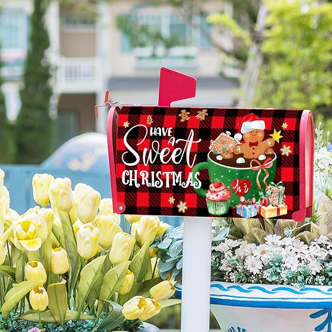 21"x18" Gingerbread Mailbox Cover Magnetic Standard Size Have A Sweet Christmas Cookies Mailbox Wrap Post Cover with Red Black Buffalo Plaids for Yard Garden Outside Holiday Decor