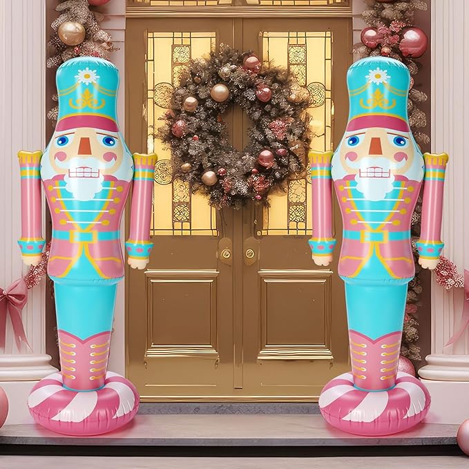 Jenaai 1 Pcs 5 ft Pink Inflatable Christmas Nutcracker Outdoor Decoration, PVC Christmas Blow up Yard Decor, Weatherproof Giant Nutcracker Decor for Xmas Door Lawn Garden Holiday Party (Bright)