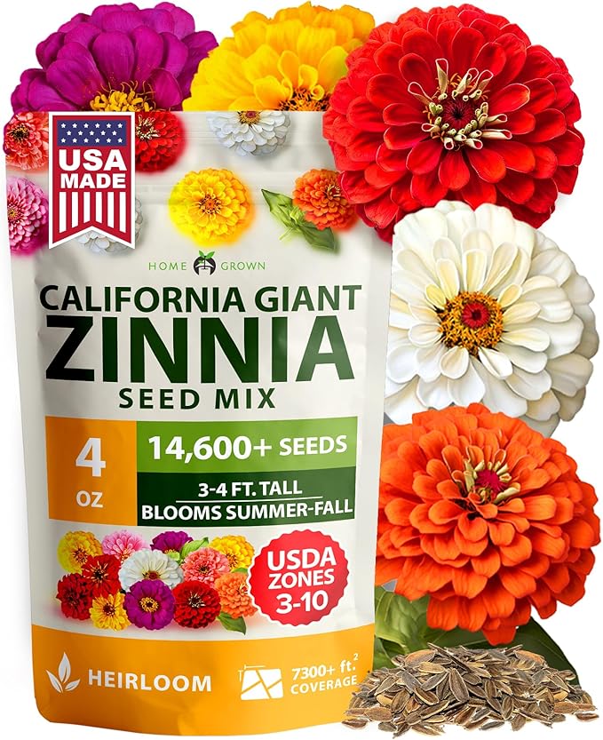 HOME GROWN Zinnia Seeds for 2026 - California Giant Mix - 14,600+ (4 oz) Plant Wildflower Blooms – Bulk Seeds for Planting Flowers Outside - Pollinator Gardens (Zinnia elegans)