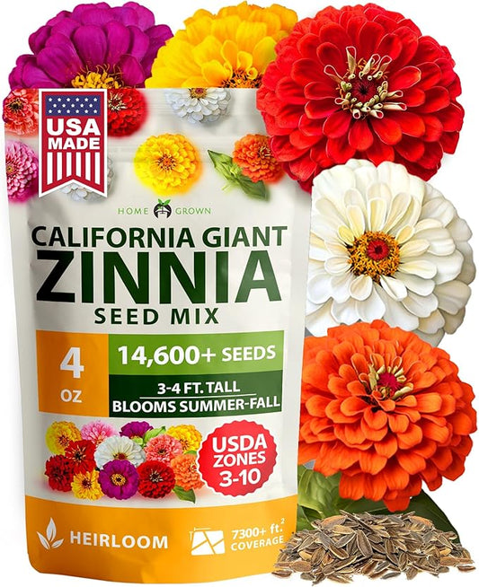 HOME GROWN Zinnia Seeds for 2026 - California Giant Mix - 14,600+ (4 oz) Plant Wildflower Blooms – Bulk Seeds for Planting Flowers Outside - Pollinator Gardens (Zinnia elegans)
