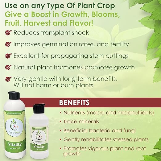VermisTerra Vitality 16 oz - Growth Accelerator, Energy Booster, Seedling Fertilizer, Organic Plant Food, Promote Rapid Growth, All Plants, Root Cuttings, Will Not Burn, Reduces Transplant Shock