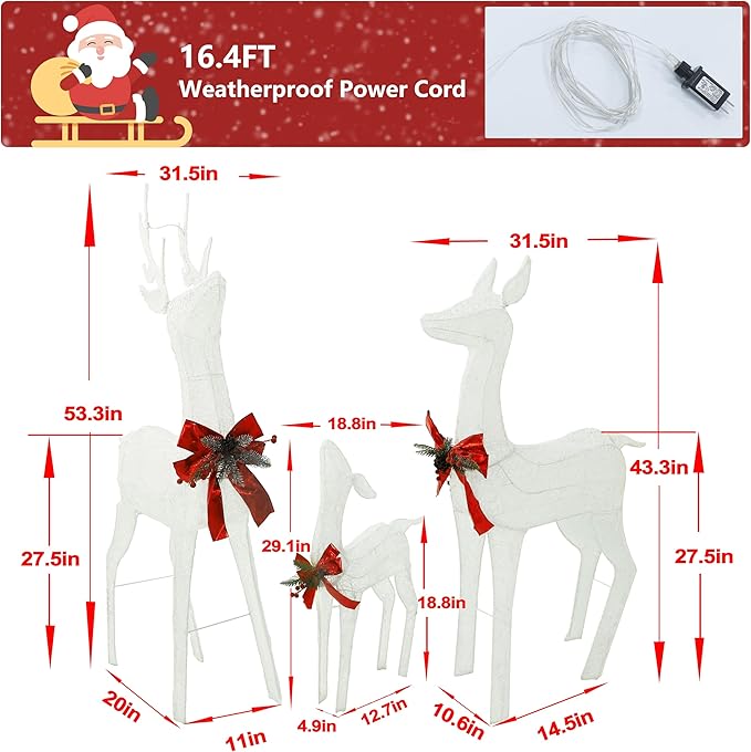 MUPATER Outdoor Christmas Decoration Lighted Deer Family Set Indoor, Christmas Holiday Yard Decor 3-Piece Moose Set for Lawn and Party with Lights, Ground Stakes and Zip Ties, White