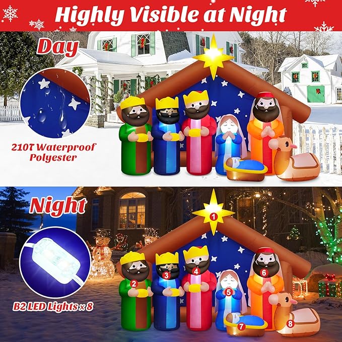 8FT Long Christmas Inflatables Outdoor Nativity Scene Manger Decoration, Build-in LED Lights Giant Xmas Blow Up Yard Decorations The Birth of Jesus for Winter Holiday Party Indoor Outside Lawn Decor