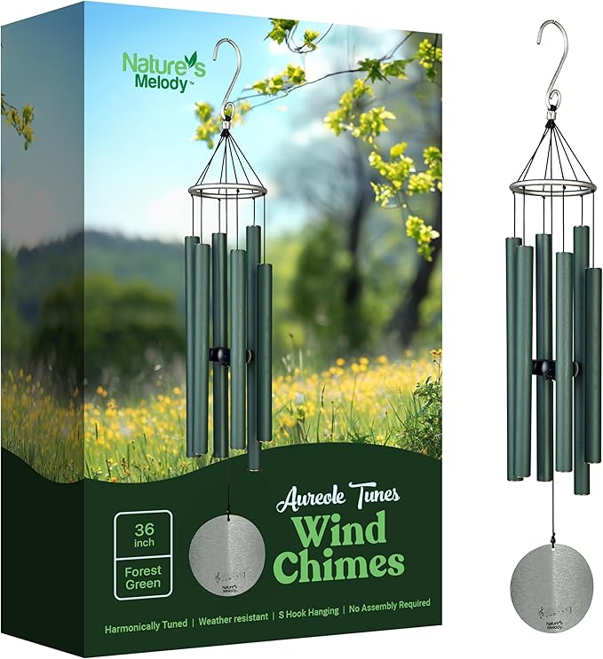 Nature’s Melody Aureole Tunes Wind Chimes – Outdoor Windchime with 6 Tubes Tuned to E Pentatonic Scale, 100% Rustproof Aluminum, Powder Finish & S Hook Hanger for Sympathy, Memorial Gift or Zen Garden