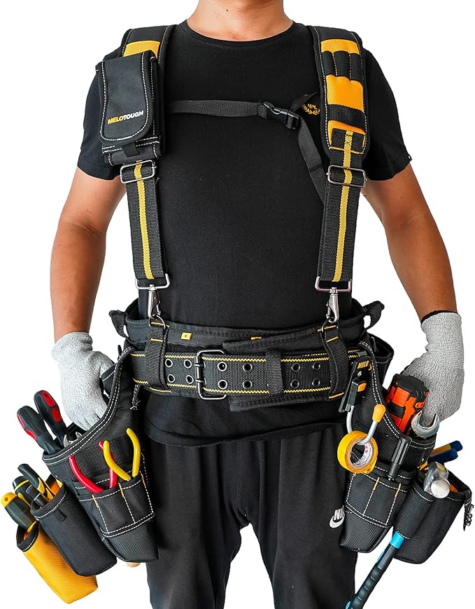 MELOTOUGH 28-Pocket Pro Framer's rig Combo Apron Tool Belt and Heavy Duty Padded Suspenders with Magnetic Desinger for Technician/Carpenter/and Electrician's Tools（Yellow)