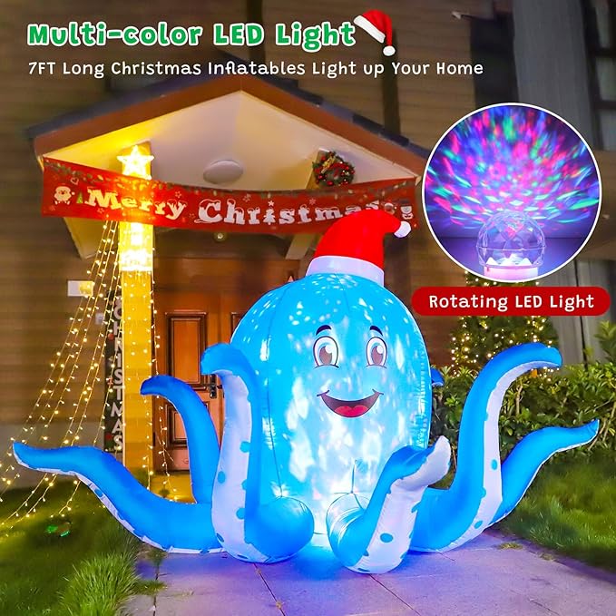 FunFanso 7FT Christmas Inflatable Octopus Outdoor Decorations, Blow up Blue Octopus with Xmas Hat Indoor Decor, Built-in Rotating Flame LED Holiday for Yard Lawn Garden Patio Party Indoor Home Porch