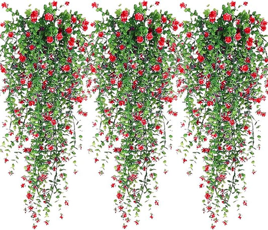 Artificial Hanging Flowers, 3 Pcs Fake Hanging Plants Artificial Vines for Outdoors, Fake Ivy Vine UV Resistant No Fade Faux Plants for Indoor Outside Garden Patio Yard Greenery Decoration (Dark Red)