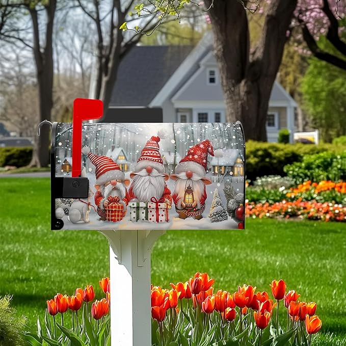 Christma Mailbox Cover Winter Santa Claus Mailbox Covers Magnetic Cute Gnomes Post Letter Box Cover Standard Size 21x18 inch for Garden Outdoor Colorful Gifts