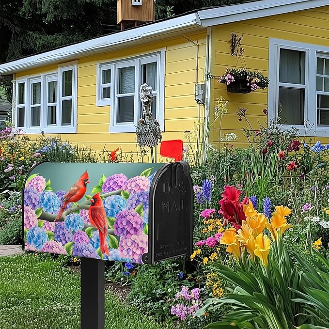 Summer Hydrangea Mailbox Cover Spring Cardinal Bird Mailbox Covers Magnetic Standard Size 21x18 in Blue Purple Floral Post Letter Box Cover Wrap for Home Farmhouse Garden Decor