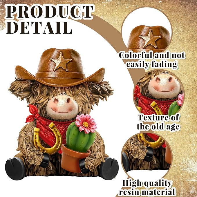 2 Pcs Highland Cow Figurines Decor Cowboy Gnomes with Western Cowboy Hat Resin Statue Calf Lovers Gifts for Farmhouse Home Garden Bathroom Kitchen Office Tiered Tray Table Decor