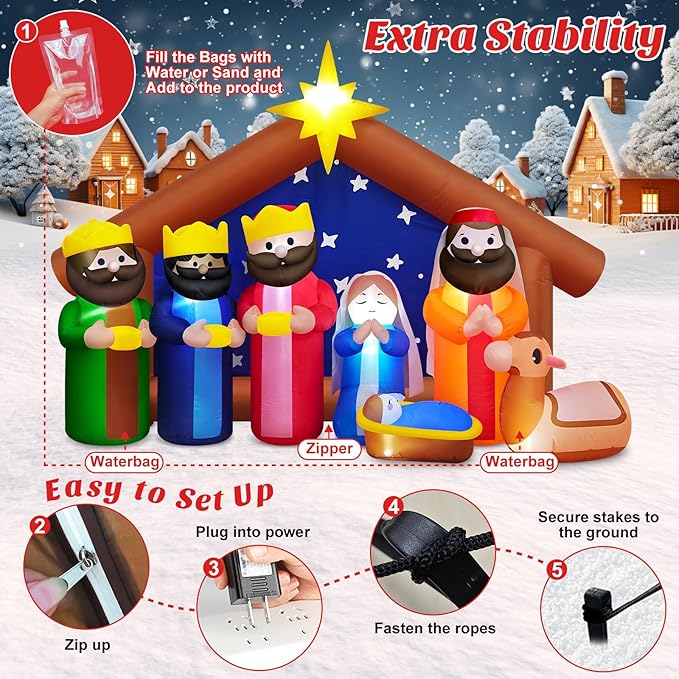 8FT Long Christmas Inflatables Outdoor Nativity Scene Manger Decoration, Build-in LED Lights Giant Xmas Blow Up Yard Decorations The Birth of Jesus for Winter Holiday Party Indoor Outside Lawn Decor
