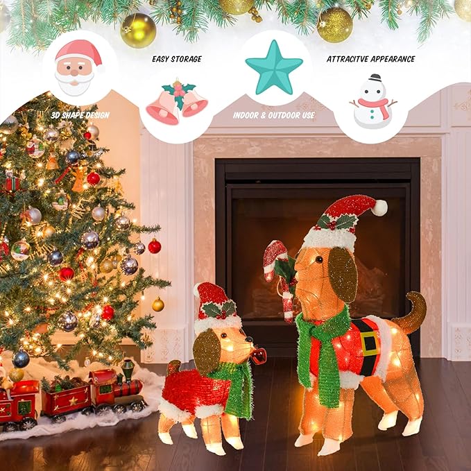 Lighted Outdoor Dog Christmas Decorations, 2 Pack Collapsible Pre-lit Beagle Dog with Candy Cane and Santa Hat Light up Puppy Xmas Decor for Indoor Outdoor Garden Yard Lawn Holiday Display