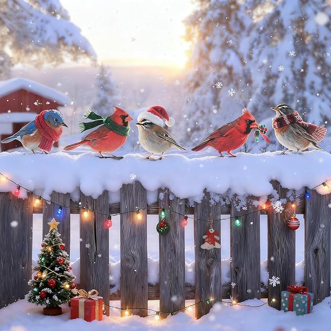 HUYIENO 5PCS Vibrant Metal Bird Decorations Christmas Fence Decor Colorful Garden Birds for Fences, Patio & Outdoor Decor for Christmas Ornament