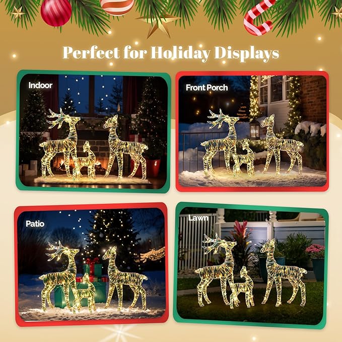 VINGLI 3-Piece Lighted Iridescent Christmas Reindeer Family Set, 3FT Buck Doe Fawn Outdoor Yard Decorations, Pre-lit 110 Warm White LED Lights, Weatherproof Xmas Lawn Garden Home Decor