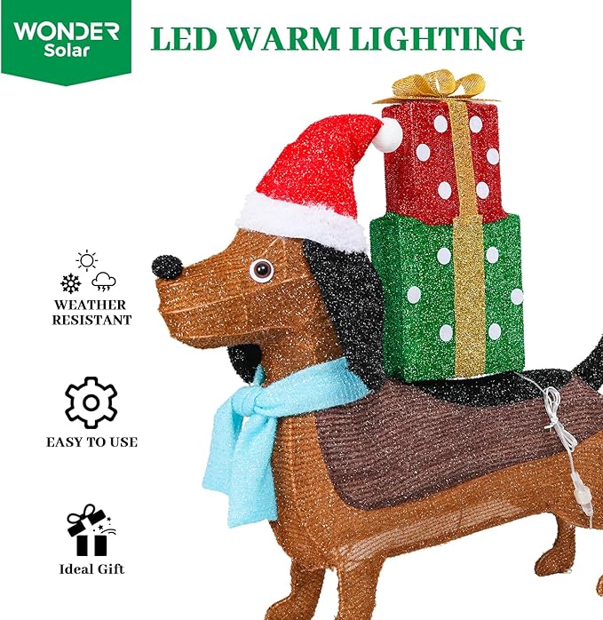 Christmas Outdoor Decoration Lighted Dog Dachshund 25" Xmas 25 LED Warm Lights 3D Decor Indoor, Battery Powered Outdoor Holiday Decorations for Home, Yard, Garden