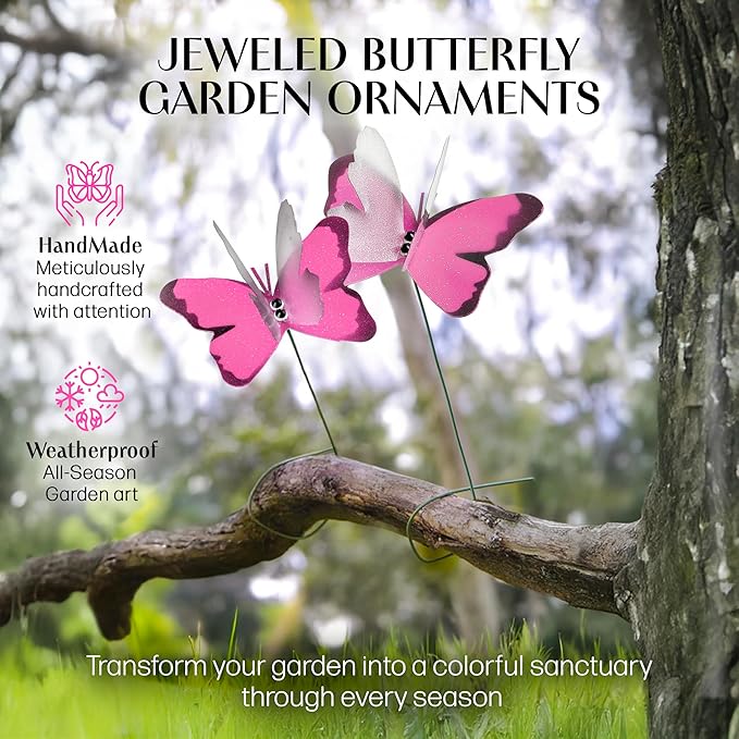 Handmade Lilac Pink Butterfly Garden Stakes Set of 7 - Decorative Outdoor & Indoor Plant Decor - Nature Lover Gift Idea by Air Aquarium Kushner