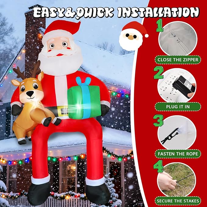 DearSun 10FT H Christmas Inflatable Sitting Santa Claus with Build-in LED Lights, Blow up Santa Claus with Gift Bag and Deer Sitting on Roof Wall Tree Chair Indoor Outdoor Decor