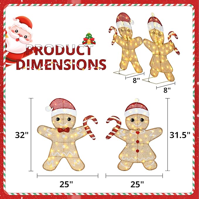 32"H Outdoor Gingerbread Lights, 2D Pre-lit Holiday Lawn Lights Christmas Decorations, 100 Warm White LEDs, Stake-Down Flat Xmas Yard Decor, Ground Decorations for Garden, Porch, Set of 2