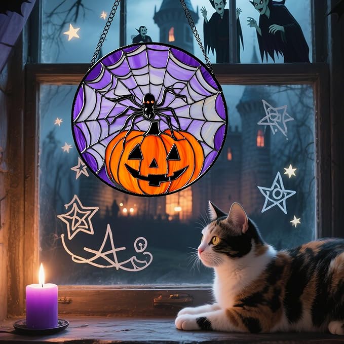 Stained Glass Window Hanging Halloween Scary Purple Night Sky Bat Ghost 6.3" - Suncatcher Door Garden Sun Catcher Gothic Home Decor Birthday Horror Gifts for Mom Men Woman Friend