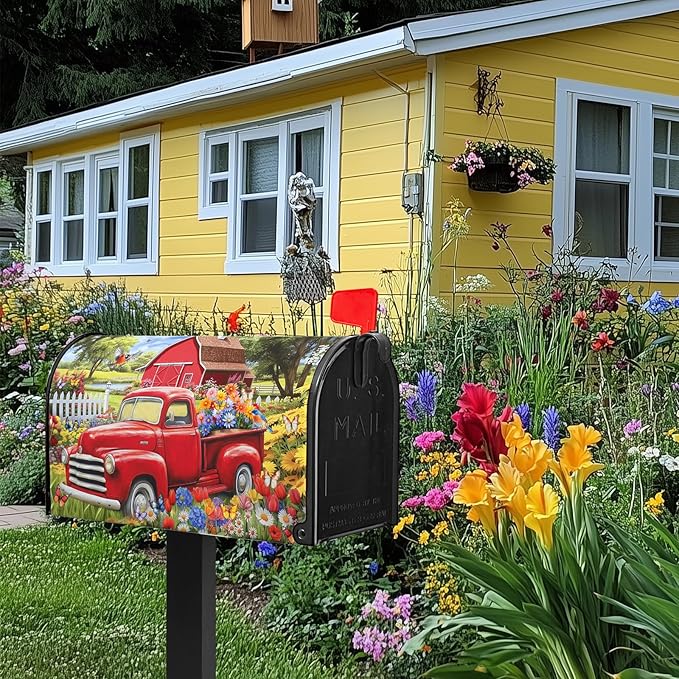 Red Truck Mailbox Cover Summer Mailbox Covers Magnetic Colorful Floral Mail Box Cover Standard Size 21x18 inch Decorations for Outside Garden Farmhouse Spring Butterfly