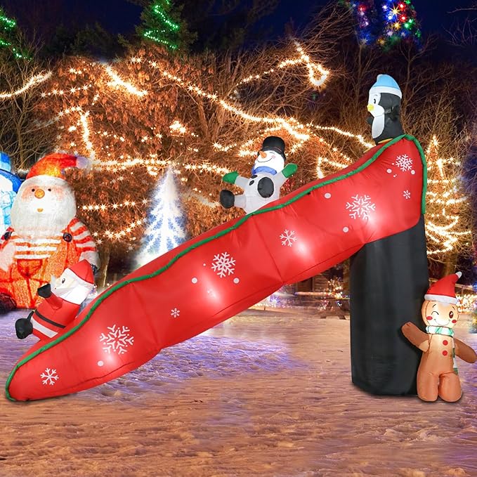 9.7 Ft Long Christmas Inflatables Christmas Blow Up Yard Decorations Christmas Inflatable Santa Clause Snowman Penguin Gingerbread Man Play on Slide Lighted Up Yard Lawn Garden Home Party Decor