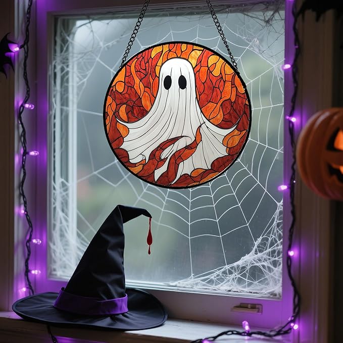 Stained Glass Window Hanging - Halloween Decorations White Ghost Orange Sky Suncatcher for Doors Garden Funny Spooky Sun Catchers Gothic Decor Horror Gifts for Women Men Friend Boy 6.3 in