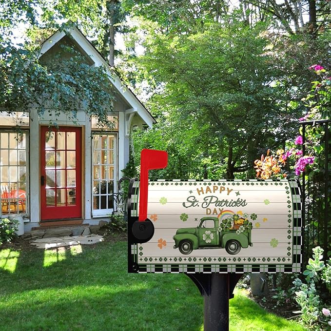 St Patrick Mailbox Covers Magnetic Standard Size Happy St.Patrick's Day Green Truck Shamrocks Rainbow Mailbox Post Cover Buffalo Plaid Gold Coin Clover Mailbox Wrap Decor Waterproof 21X18 inch